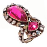 Antique Rose Cut Diamond, Man Made Ruby and Silver Topped Yellow Gold Ring. Unsigned. Good antique