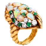 Vintage Estate Pear Shape Opal, Round Cut Emerald, Round Brilliant Cut Diamond and Heavy 18 Karat Y