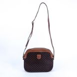 Celine Macadame Brown Coated Canvas Vintage Crossbody Bag With Exterior Pocket. Gold hardware, brow