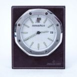 Audemars Piguet Royal Oak 8-days clock. Rhodium plated on leather. The dial engine-turned with appl