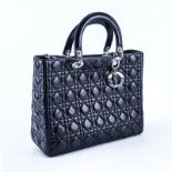 Christian Dior Black Cannage Quilted Leather Lady Dior GM Bag. Silver tone hardware. Interior with