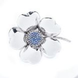 Vintage Approx. 2.0 Carat Round Cut Sapphire, Diamond and 14 Karat White Gold Flower Brooch. Set wi