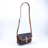 Louis Vuitton Brown Monogram Coated Canvas And Leather Gibeciere PM Shoulder Bag. Golden brass hard