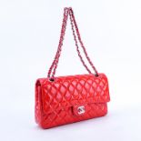 Chanel Red Quilted Patent Leather Classic Double Flap 26 Bag. Silver tone hardware, interior of red