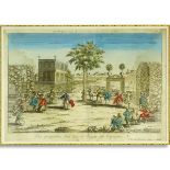 17/18th French School Hand Color Engraving, Vue d' un Jeu de Bague en Espagne, a Paris chez Basset