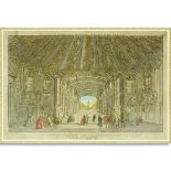 17/18th French School Hand Color Engraving, Vue Interieure d’une Belle Galerie Conduisant aux Jardi