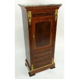 Tall Mid Century Louis XVI Style Gilt Brass Inlaid Secretary Desk with Marble Top. Large center doo