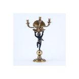 19/20th Century Empire Style Gilt Brass Three Arm Candelabrum with Cherub and Shell. Rubbing to gil