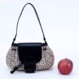 Fendi Beige Monogram Zucca Canvas Borsa Piccola Handbag. Black leather straps and flap closure with