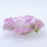 Daum France Pink & Green Pate De Verre Flower Bowl. Signed. Small chip on one petal. Measures 3" H