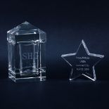 Two (2) Designer Crystal Keepsakes. Includes a Tiffany Star with etched inscription 4-1/4" H and a