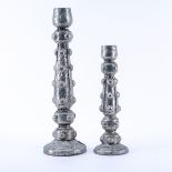 Two (2) Foil Clad Candlesticks. Unsigned. Wax residue. Measures 16" H & 12" H. Shipping $68.00 (est