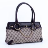 Gucci Beige/Brown Monogram Canvas And Leather Horsebit Tote Handbag. Brushed gold tone hardware, th