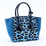 Prada Sky Blue/Black Leopard Print Pony And Suede Heaven Bag PM. Silver tone hardware, the interior