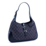 Gucci Black Monogram Denim Canvas And Leather Jackie MM Hobo Bag. Silver hardware. Interior of blac
