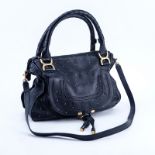 Chloe Black Smooth Studded Leather Marcie Shoulder Bag. Brushed gold tone hardware. Beige canvas in