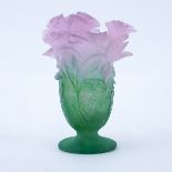 Daum France Pink & Green Pate De Verre Flower Vase. Signed. Good condition. Measures 7" H. Shipping