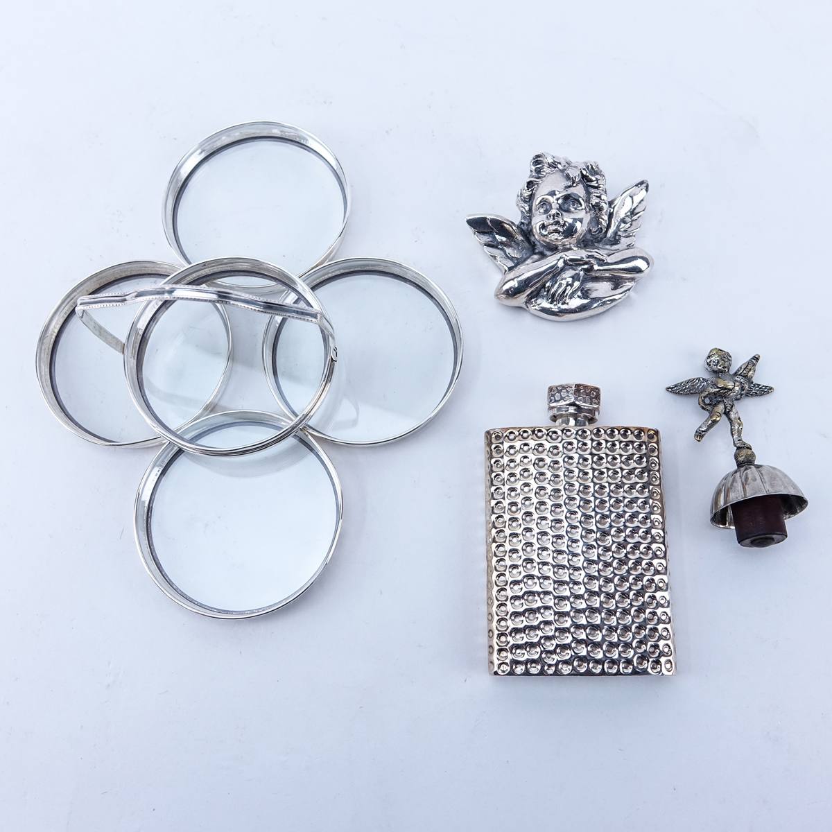 Lot of Silver Accessories. Includes: Mexican silver flask, 5 pieces silver and glass coaster set, H