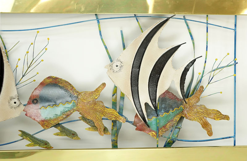 Curtis Jere, Chinese/ American (1910 - 2008) Polychrome Metal and Brass "Aquarium" Wall Hanging Scu - Image 2 of 5