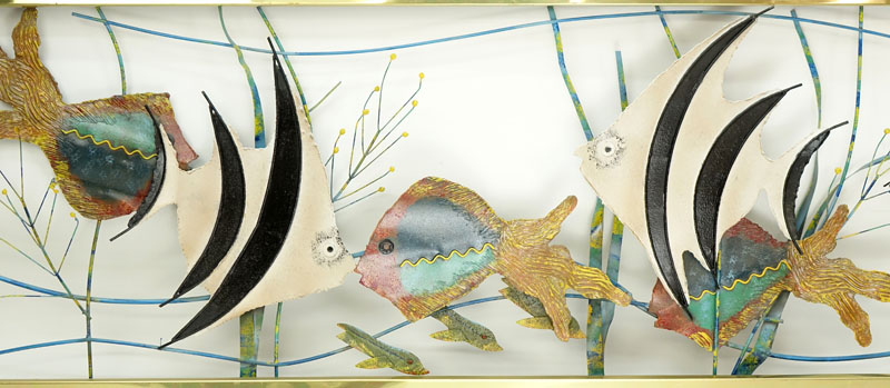 Curtis Jere, Chinese/ American (1910 - 2008) Polychrome Metal and Brass "Aquarium" Wall Hanging Scu - Image 3 of 5