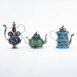 Three (3) Vintage Water Droppers Chinese White Metal, Carnelian, Jade, Turquoise and Enamel Water D