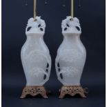 Pair Marbro Chinese Style Carved Alabaster Lamps. In the form of large lidded urns. Unsigned. Good