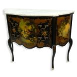 20th Century Louis XV Style and Vernis Martin Style Black Lacquer and Gilt Marble Top Commode. Two