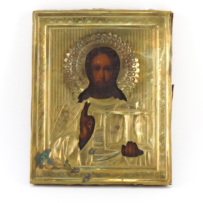 19th Century Russian Hand Painted Wood Icon With Brass Overlay. Unsigned. Spots of verdigris tarnis