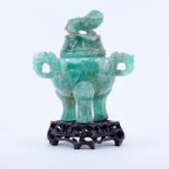 Antique Chinese Carved Blue Quartz Covered Censer on Wooden Stand. Decorated with mock dragon handl