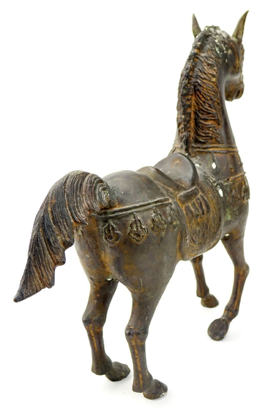 Vintage Spelter Roman Horse Figurine. Unsigned. Wear, oxidation. Measures 15-3/4" H. Shipping $78.0 - Image 4 of 5