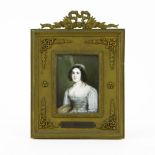 19th C Hand Painted Portrait Miniature of Helene Sedlmayr in Gilt Bronze Frame. Unsigned. Good cond