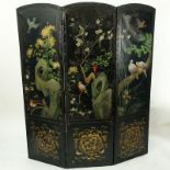 19th Century European Hand Painted Leather Three Panel Screen. Features Birds among trees and flowe