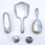 Five (5) Piece Antique Sterling Silver Dresser Set. Includes 2 brushes, mirror, jar and lid of jar.