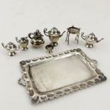 Eight (8) Piece Miniature Mexican Sterling Silver Coffee Set. Marked 925. Good condition. Tray meas