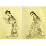 Pair of Vintage Japanese Watercolors on Silk. "Ladies". Unsigned. Foxing, toning from age. Measures