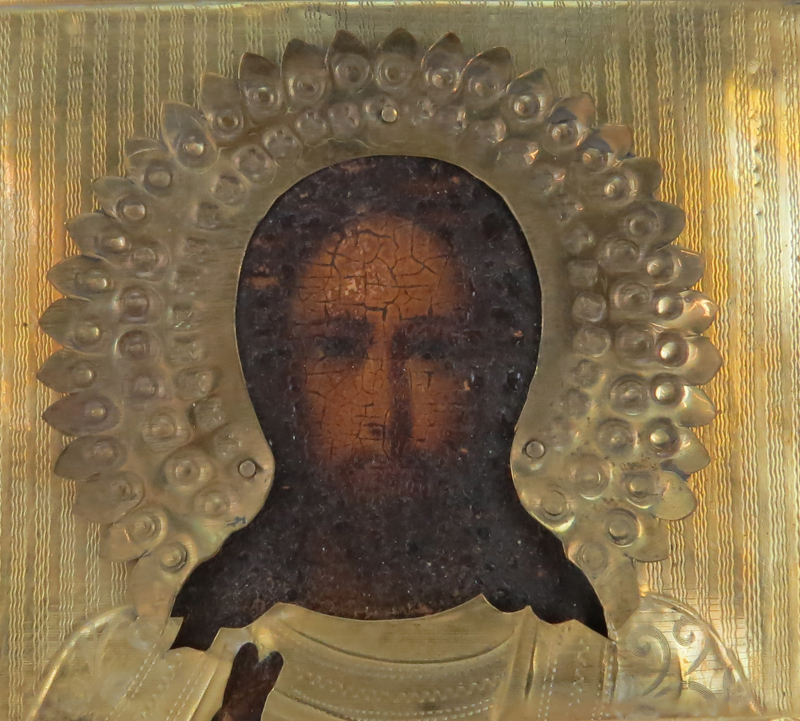 19th Century Russian Hand Painted Wood Icon With Brass Overlay. Unsigned. Spots of verdigris tarnis - Image 2 of 3