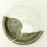 Vintage Clear Art Glass Plate With Pewter Overlay. Decorated with a "Dove Of Peace" Design. Initial