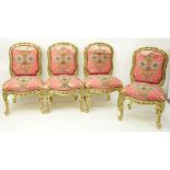 Set of Four (4) Carved Giltwood Louis XV Style Side Chairs With Floral Silk Upholstery. Unsigned. W