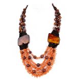 Vintage EvaNueva Amber and Red Coral Necklace