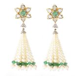 Vintage Diamond, Emerald and Pearl Tassel Earrings