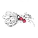 French Diamond, Ruby and Platinum Bow Brooch