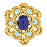 Vintage Diamond, Lapis, Turquoise and 18K Brooch