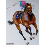 Jacquie Jones - Study of Frankel with jockey up, oil on canvas, signed lower left, unframed,