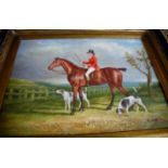 Pair of reproduction oleograph studies of huntsmen with hounds,