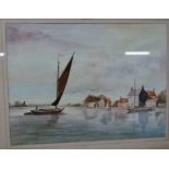 Mid-20th century school - Calm river scene, watercolour,