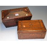 A William IV rosewood and mother of pearl inlaid sarcophagus shaped tea caddy with unfitted