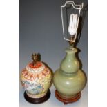 Two Chinese green celadon double gourd table lamps,