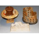Four Grand Tour type alabaster objects to include a model of the Colosseum