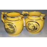 Two 19th century yellow Staffordshire single handled jugs,