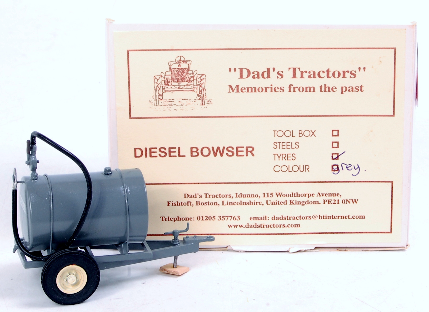 Dads Tractors, 1/32nd scale white metal and resin model of a Diesel Bowser, finished in grey,